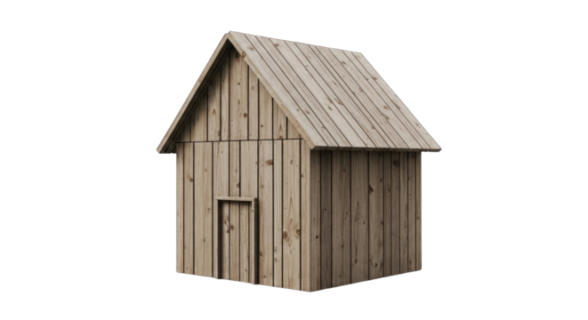 Rustic wooden shed with weathered planks and a pitched roof isolated on a transparent background