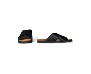 Man's Black leather slide sandal with a cross strap design, cork footbed, and a black rubber sole, comfortable slip-on style. Ideal for casual wear.