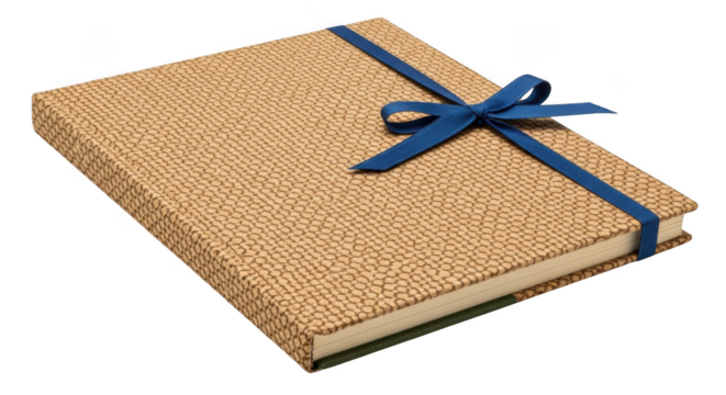 Elegant patterned book with blue ribbon isolated on transparent background