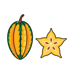 Illustration of a whole carambola fruit and a crosssection, showcasing its star shape and vibrant yellow color