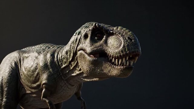 A detailed digital rendering depicts a Tyrannosaurus Rex in profile against a dark backdrop