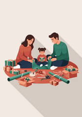 Fototapeta premium Family wrapping holiday gifts together in a cozy living room 
