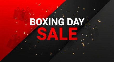 Boxing day sale banner with gifts and confetti on red and black background