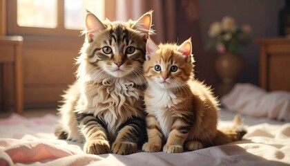 Two striped cats sit close on a sunlit bed—tender companions in a warm room, eyes bright with quiet trust, framed by flowers, wood, and the soft hush of morning’s gentle embrace.