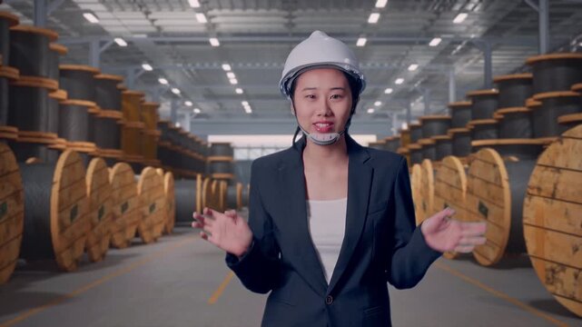 Front View of Asian Businesswoman Walking and Speech In Cable Coils Warehouse