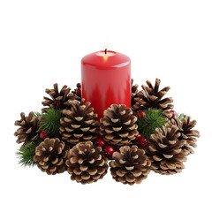 Fototapeta premium Cozy festive arrangement featuring a glowing red candle surrounded by natural pinecones and holly berries, evoking holiday warmth