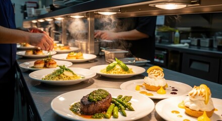 Delicious gourmet dishes served on plates ready to be served in a restaurant.