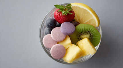 Hydration supplement vitamin tablet fruit flat lay bring fresh energy