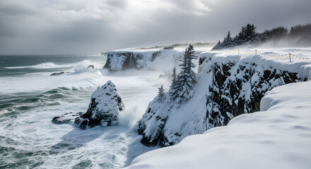 Dramatic winter storm crashes against snow-covered cliffs with powerful waves and dramatic sky, evoking nature's raw beauty and untamed power.