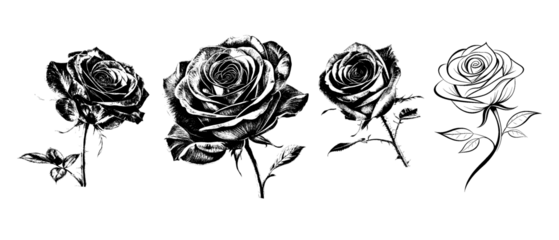 set of 4 rose flower icon silhouettes. with dust noise effect in transparent background.