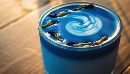 Vivid blue latte floral swirl, creamy butterfly pea milk with delicate petals, artistic foam art, modern beverage trend on wooden table.