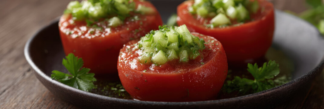 Tomato gazpacho bowl fresh cucumber parsley garnish rustic plate evoke summer joy