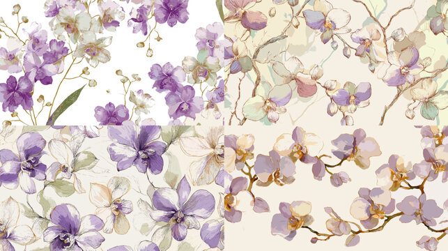 Watercolor orchid seamless patterns in soft violet and beige. Elegant blossoms and branches for fabric, wallpaper, wedding stationery, wrapping, and romantic floral designs.