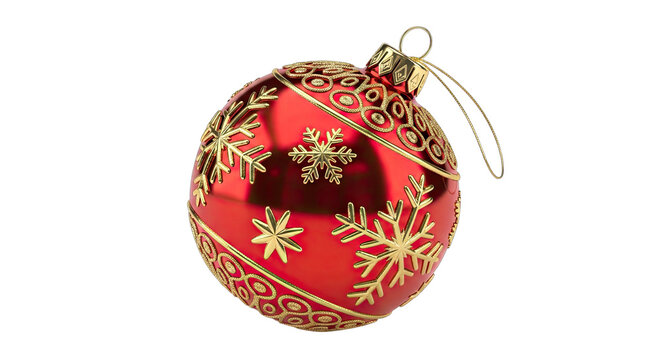 Shiny Red Christmas Ornament With Golden Snowflake Patterns And Intricate Swirl Designs On A Black Background