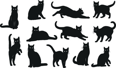 Black Cat Silhouettes Vector Set of Diverse Poses and Actions, Elegant Feline Animals on White Background, Halloween and Witchcraft Symbol, EPS 10 Illustration.