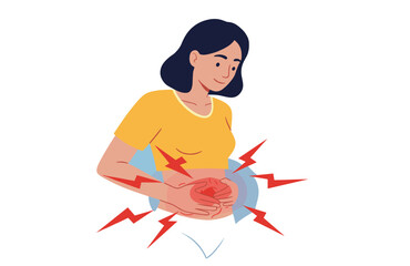 Cartoon illustration of a young woman clutching her painful stomach, experiencing abdominal cramping, menstrual pain, stomach ache, indigestion, or digestive system discomfort.