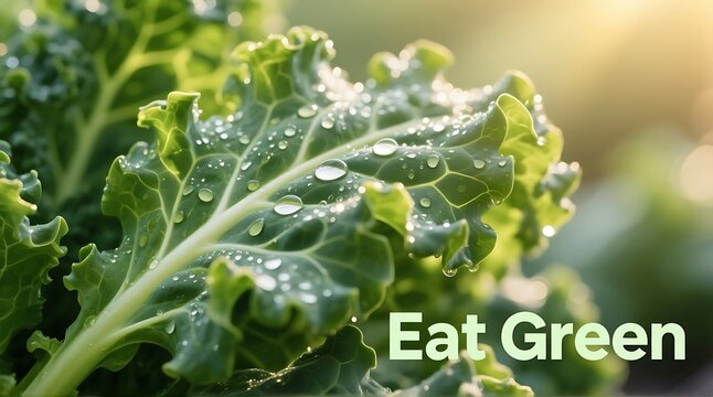 Fresh kale glistening with water droplets invites healthy eating and vibrant living