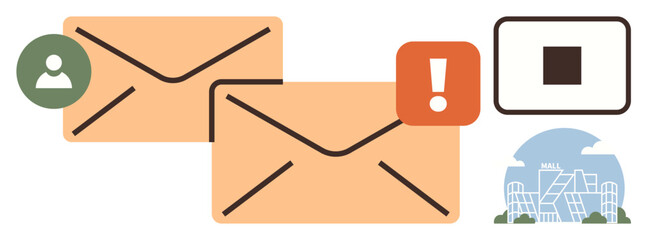 Two envelopes with user icon, alert symbol, and stop button emphasizing communication, messaging, and notifications. Ideal for email, alerts, communication, messaging digital services connectivity