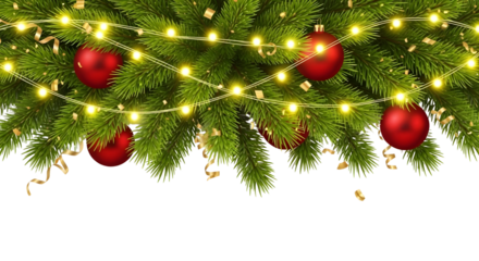 Close-up, high-detail, realistic digital painting of Christmas tree garland header, red ornaments, warm lights, gold accents, transparent background.
