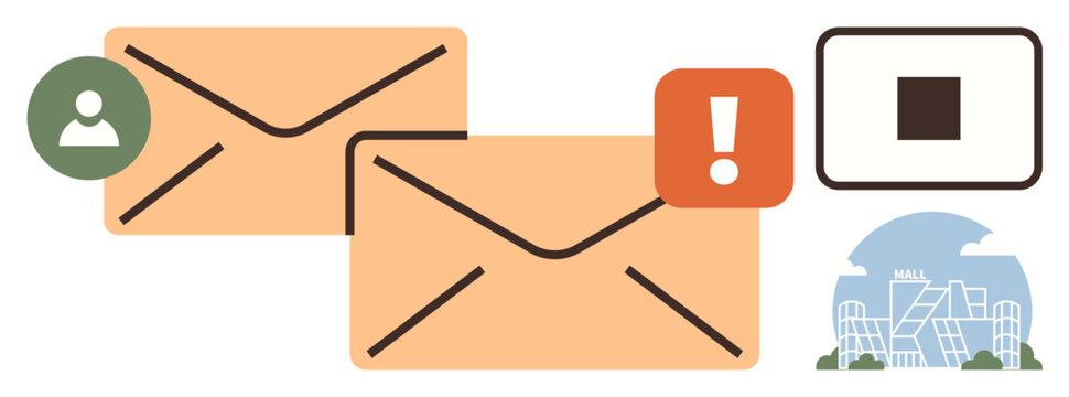 Two envelopes with user icon, alert symbol, and stop button emphasizing communication, messaging, and notifications. Ideal for email, alerts, communication, messaging digital services connectivity