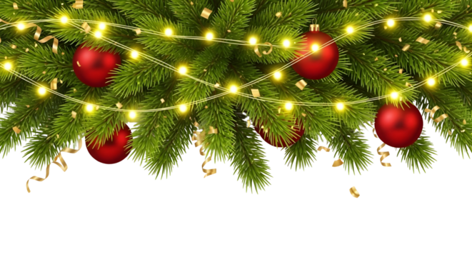 Close-up, high-detail, realistic digital painting of Christmas tree garland header, red ornaments, warm lights, gold accents, transparent background.