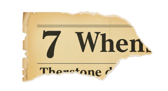 Torn newspaper fragment with the number 7 and text isolated on transparent background
