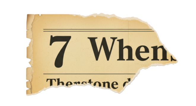 Torn newspaper fragment with the number 7 and text isolated on transparent background