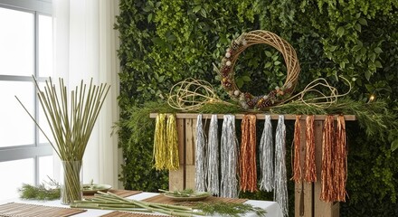 Elegant floral arrangement with colorful tassels and natural wreath.
