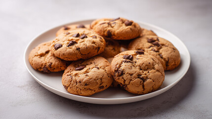 白いプレートにざっくりと盛り付けられたシンプルな自家製チョコチップクッキーのリアルな写真