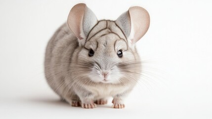 Obraz premium A light grey chinchilla poses against a white background, highlighting its soft fur and large ears. The animal appears curious and playful, ready to explore its surroundings