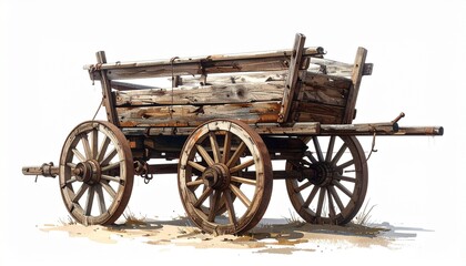A weathered wooden wagon with large spoked wheels stands on dry grass, showcasing rustic craftsmanship and aged textures, evoking historical charm and rural transportation heritage.