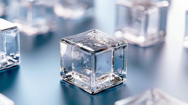 A clear ice cube is in sharp focus in the foreground, with other ice cubes softly blurred in the background on a shiny blue surface. - Powered by Adobe