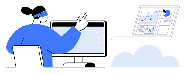 Person in headset interacts with a screen while analyzing cloud-based data visuals. Ideal for technology, analytics, data management, cloud computing, innovation, teamwork, digital solutions. Simple