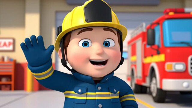 A cheerful cartoon firefighter waving beside a colorful fire truck.