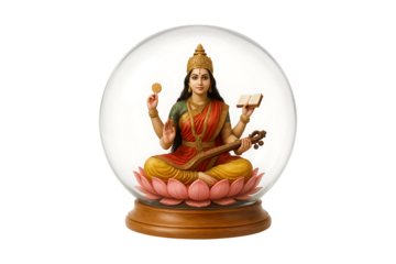 Goddess Saraswati hybrid idol holding veena and scripture seated on lotus Isolated on Transparent Background