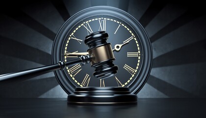 Justice time deadline courtroom urgency. Classic wooden gavel beside alarm clock, symbolizing legal deadlines, time pressure, and decision urgency in law.