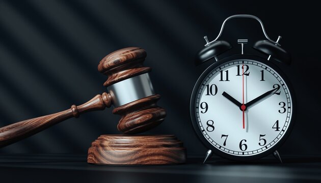 Justice time decision deadline urgency. Wooden gavel beside classic alarm clock, symbolizing legal deadlines, judgment, law, and the pressure of timely decisions.