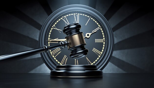 Justice time deadline courtroom urgency. Classic wooden gavel beside alarm clock, symbolizing legal deadlines, time pressure, and decision urgency in law.