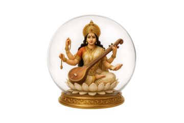 Saraswati deity holding veena seated on lotus inside glass dome on Transparent Background