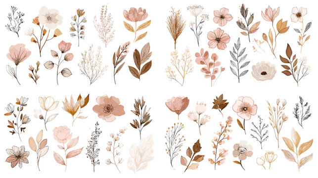Delicate watercolor floral clipart with blossoms, leaves, pampas, and branches in blush and neutrals. Perfect for wedding stationery, branding, seamless patterns, stickers, and wall art.