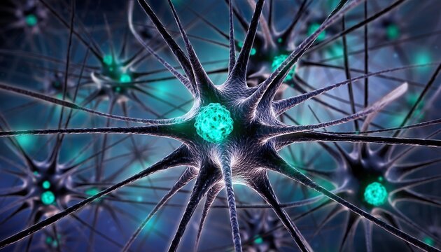 Neural network glowing synapse connections illustrate biological science, artificial intelligence, complex data, and brain communication in a modern, high-tech, and creative style.