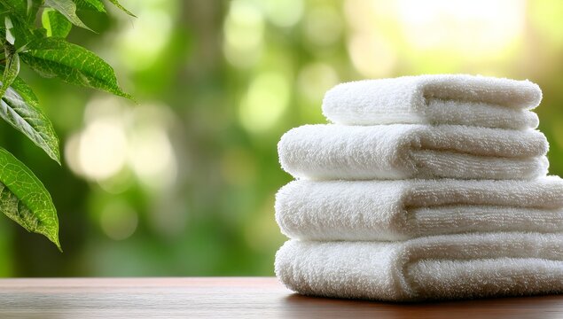 Modern  white stack of towels on a table against blurred greenery in a spa salon.