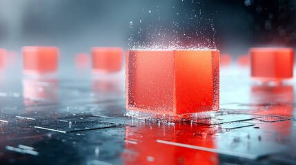 A close-up shot of a translucent red cube with particles splashing around it, set against a blurred background of similar cubes on a reflective surface.