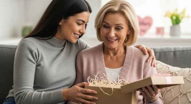 Mother daughter celebration with gift exchange in cozy living room