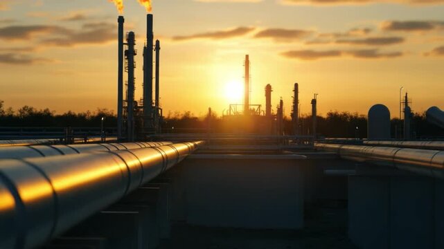 Industrial Sunset: An industrial landscape at sunset, showcasing intricate pipelines and refinery structures. The golden hour casts a warm glow.