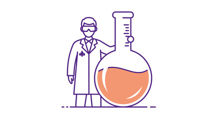 Stylized science professional icon standing with laboratory beaker in minimalist design format