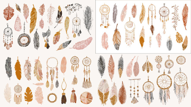 Watercolor dreamcatcher and feather clipart in earthy tones with beads and tassels. Ideal for boho branding, invitations, posters, stickers, crafts, and calming decorative projects.