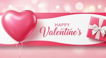 Valentine celebration with heart balloon and gift box on pink background