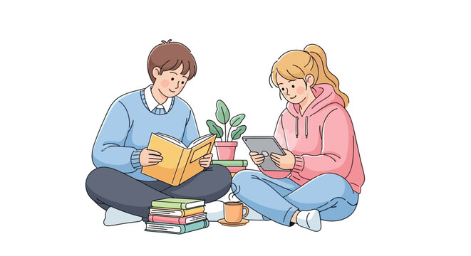 Cozy study session: Boy reading a book and girl using a tablet in a relaxed setting