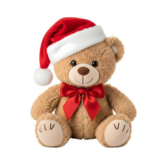 Adorable fluffy teddy bear wearing a festive red Santa hat and satin bow perfect for holiday cheer and gifting